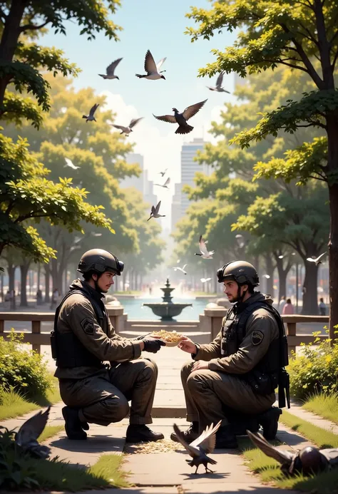 Members of the Special Forces feeding pigeons in the park.