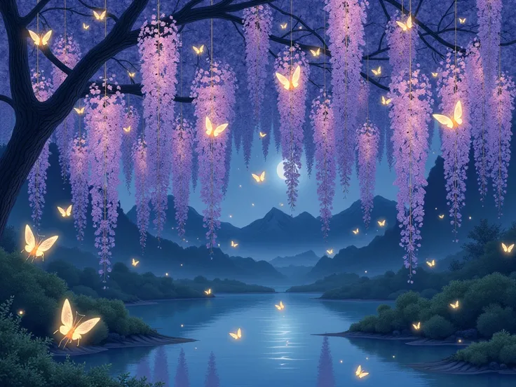 Illustration of fireflies flying around wisteria flowers。 Ukiyo-e style illustration。