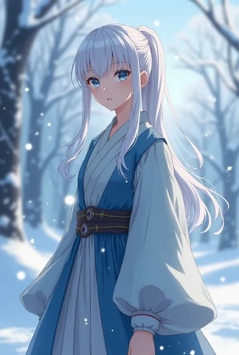 Japanese style anime, noble teenager, with blue as a glacial eyes, and white ponytail hair, wearing a casual  medieval clothes, in a winter scenary  Full body