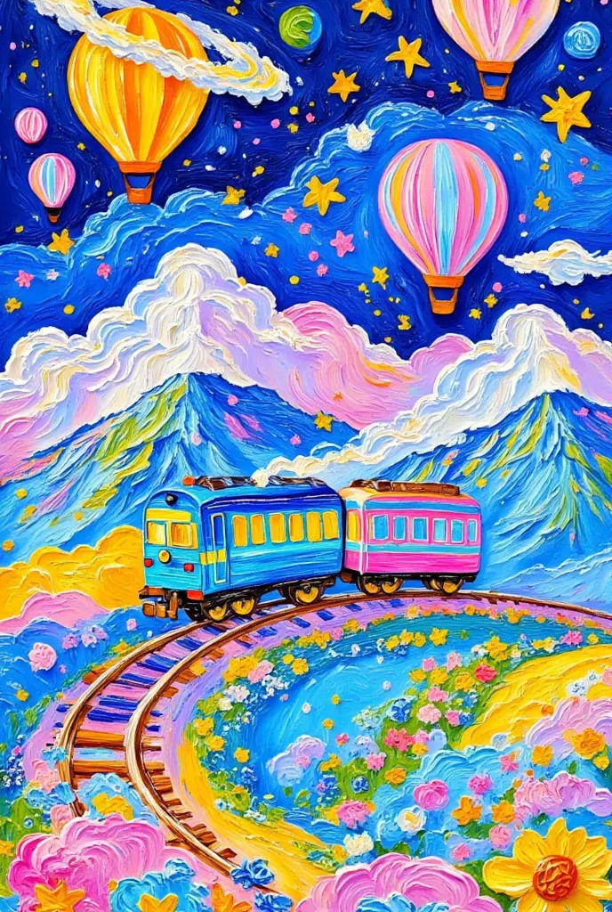 a painting of a train traveling along a track with mountains in the background, pasitha abad（pacita abad）an ultra-detailed paint...