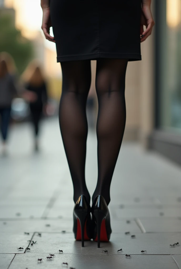 A womans legs wearing a black above-the-knee pencil skirt, black pantyhose, and black high-heeled pumps. She takes a step, there are small ants on the ground, low angle from below the front