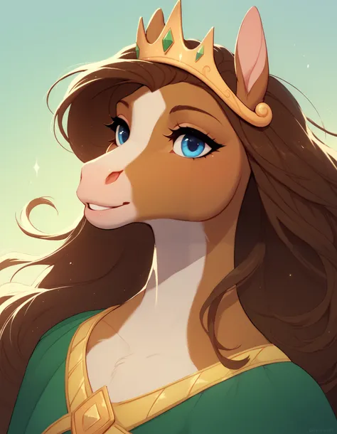 stkyswt, solo, anthropomorphic horse, 1 girl, furry female, furry horse, light brown fur, blue eyes, long snout, dark brown mane, green clothes with large yellow stripe, crown,