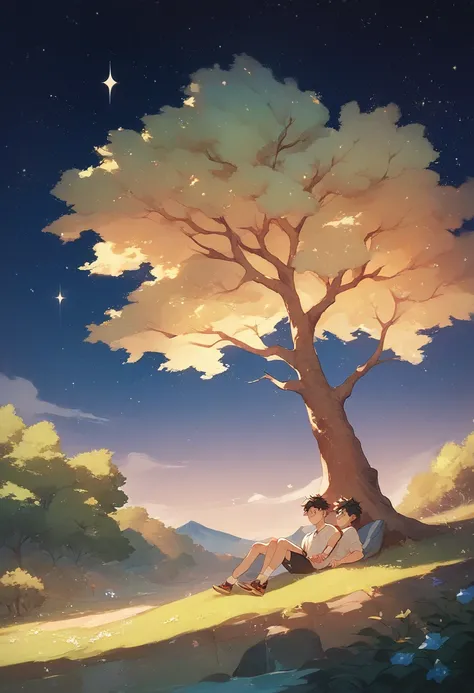 Japanese boy sitting on top of the tree looking at the stars  