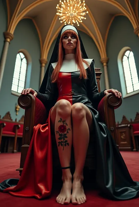 Harley quinn stands inside a church, barefoot, from below with fisheye effect, sitting on a throne, wearing a long black and red latex nun outfit, smoky eyes, copper hair, bangs, gloves, floral tattoo on her leg, nervous and happy expression, flash photogr...