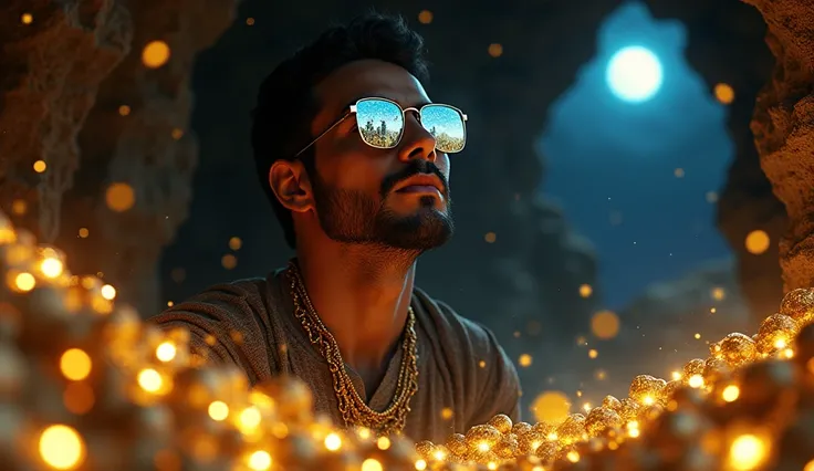 The model is wearing glass sunglassesHowever, upon seeing the treasure, Ali said, "We do not need this gold; we should leave this cave for others." with stars and the moon on the glass