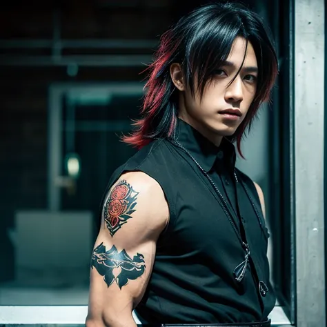 1 man, Japanese man, 30 years old, hairstyle Visual Kei, hair color blonde, muscular, broad shoulders, ultra detailed face and eyes, Asian eyes, pretty face, realistic representation, outfit gothic-cyberpunk, black mens shirt and black pants, long hair, ha...