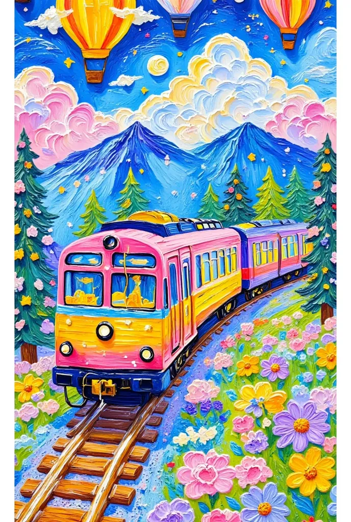 a painting of a train traveling along a track with mountains in the background, pasitha abad（pacita abad）an ultra-detailed paint...