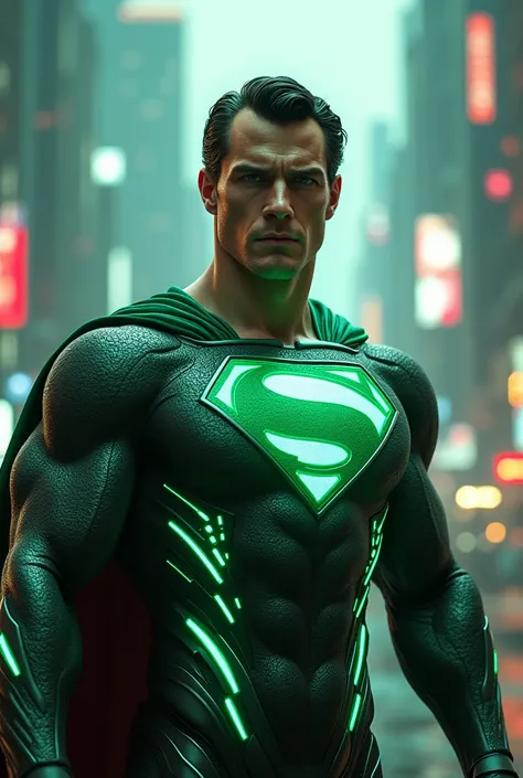 Superman hyper realistic futuristic glossy green white suit glowing neon lights suit cyberpunk