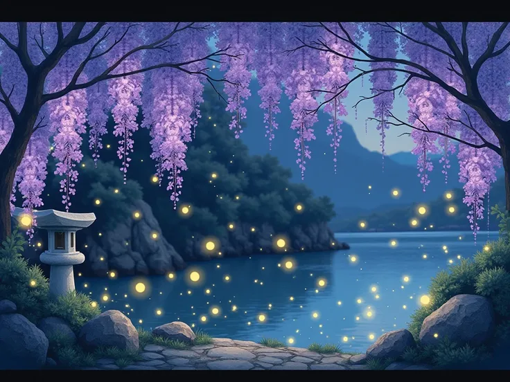 Illustration of fireflies flying around wisteria flowers。 Ukiyo-e style illustration。Firefly Light。There is a stone lantern and a small torii gate at the back of the riverside。