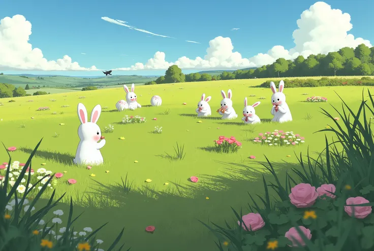 Aerial view of a summer field, several bunny girls(cute) are nervously eating herbs and flowers, the shadowy silhouette of a bird of prey passes over them