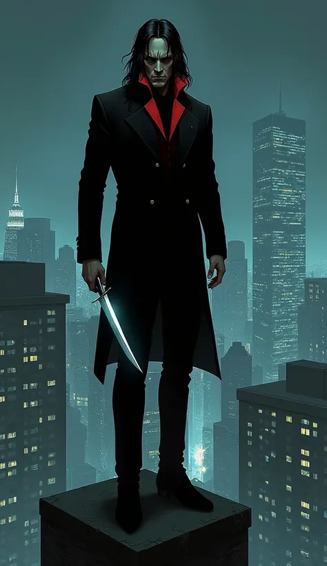 A red-collared, long-haired man in a black suit stands on top of a city apartment building at night   ，   holding a long knife