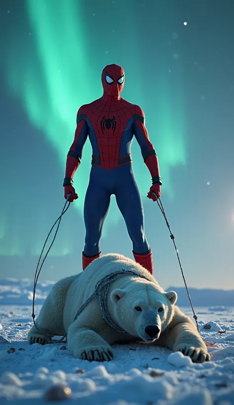 On the frozen tundra under shimmering northern lights, Spider-Man stands victorious over a massive polar bear bound in thick webbing. Ice and snow scatter around the scene as the aurora’s glow frames Spider-Man’s triumphant pose."
Winner: Spider-Man