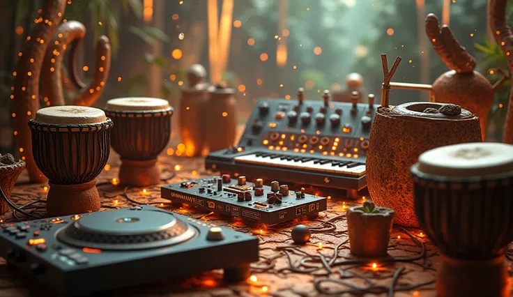 (photorealism:1.2), A surreal image blending traditional African drums, shekeres, and kora with modern instruments like electric guitars, synthesizers, and DJ turntables. The instruments are connected with glowing lines of sound waves, symbolizing the fusi...