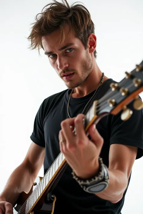 Rockers man,playing guitar,close up,white background,High Resolution, Real face,no beard,no moustache.short hair