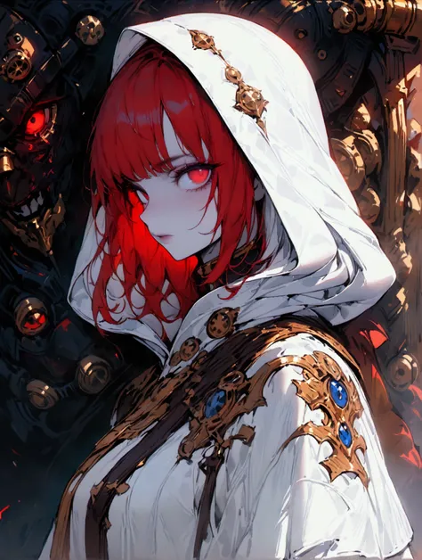 (masterpiece), ((incredibly detailed)), (award winning artwork), detailed beautiful eyes, (warhammer 40k world setting), 1girl, psyker girl, shoulder-lenght red hair, pale skin, psyker robe with hood that hides face, simple background, (((full-lenght portr...