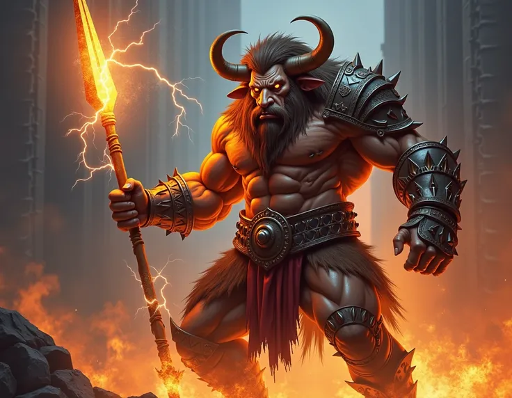 Create an image of a brown-haired minotaur in armor his height, being very large, holding a spear that is imbued with electricity and his body is on fire along with it.