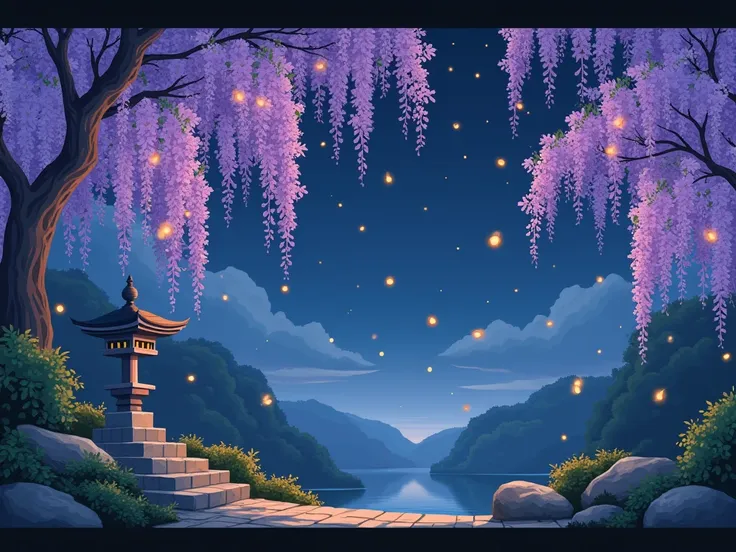 Illustration of fireflies flying around wisteria flowers。 Ukiyo-e style illustration。Firefly Light。There is a stone lantern and a small torii gate in the background。