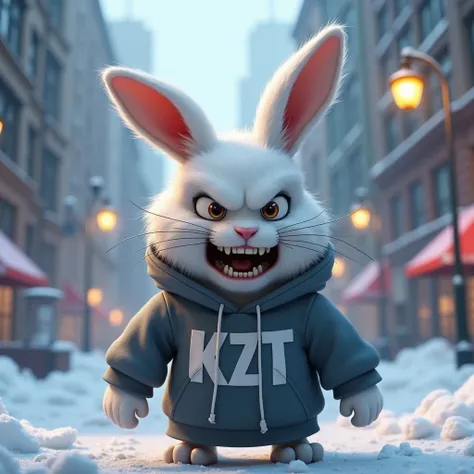 An angry looking rabbit resembling Snowball from The Secret Life of Pets wearing a hoodie with KZT written on it in a snowy city.