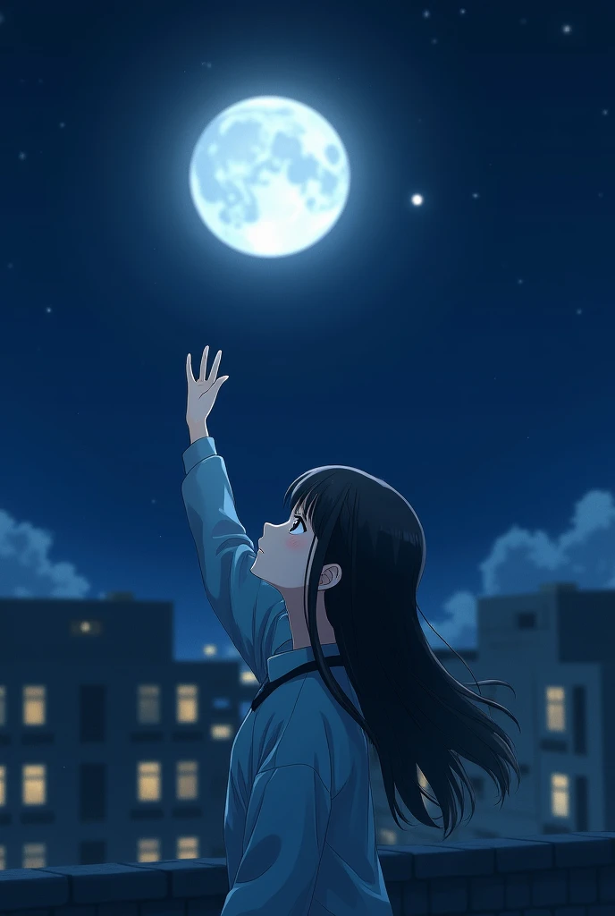 1 girl long hair, black hair, wearing Blue shirt pointing her hand at the moon in their house rooftop 