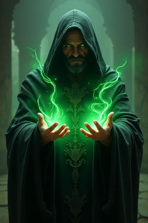 Create the image of a wizard with green eyes with a hood, with green magic in his hands and in an old black robe. 