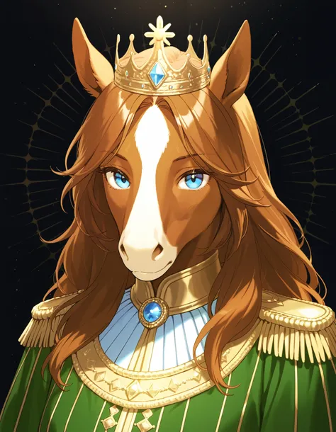stkyswt, solo, anthropomorphic horse, 1 girl, furry female, furry horse, light brown fur, blue eyes, long snout, dark brown mane, green clothes with large yellow stripe, crown,