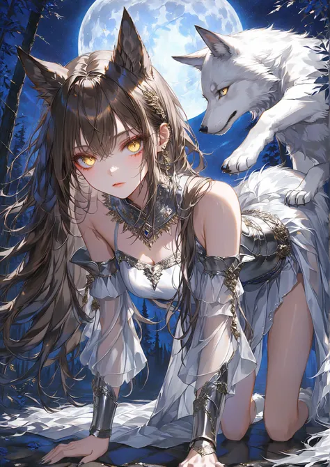 masterpiece, high quality, high resolution, 16K, ultra detailed background, ultra realistic, digital painting, fantasy, half wolf girl, long eyelashes, sharp wolf-like eyes, hanging eyes, golden eyes like a wolf, beautiful skin, beautiful legs, dark brown ...