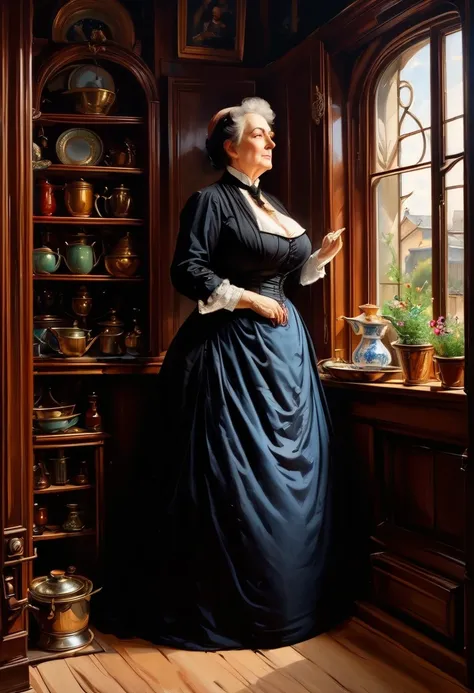 Full body shot of A voluptuous buxom mature Victorian widow, 65 years old, standing in front of a window in her kitchen, by Jean Béraud, inspired by Jean Béraud, inspired by Édouard Detaille, edouard leon cortes, inspired by Ivan Kramskoi, inspired by Jean...