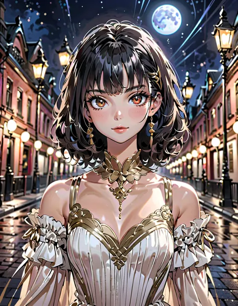 masterpiece, best quality, miranda, (halfbody shot,street lamps,moon),Masterpiece, 1girl, solo exhibition, beautiful woman on the bustling street, beautiful girl portrait, beautiful and detailed face, porcelain skin, (((full body shot, center, night, black...