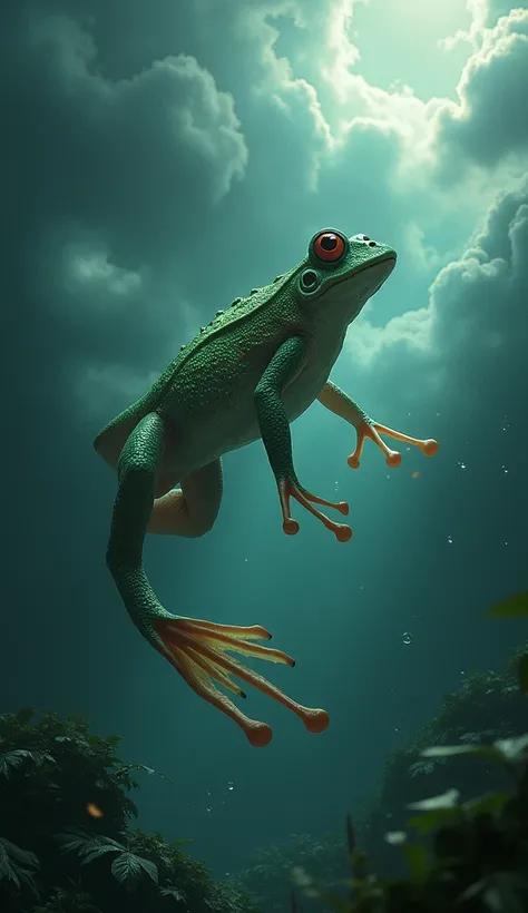 animal hybrid combination between arowana fish and frog in one frame, in a under water area and there are thunderclouds