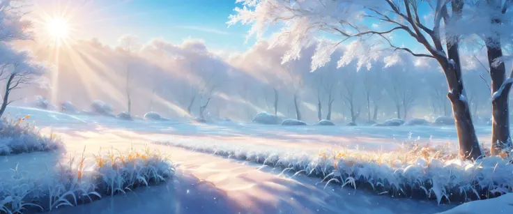 at winter season，snow landscape，Rime，rays of sunshine，thin fog，Dingdall effect，super-fine，tmasterpiece，8K，depth of fields，ultra - detailed，Meticulous portrayal，Ultra photo realsisim，Hyper-realistic , anime style ,cute ,soft ,lofi