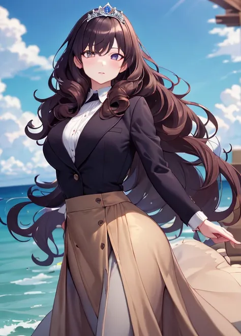 ((best quality)), ((highly detailed)), masterpiece, absurdres, (detailed eyes, deep eyes), (1girl), dynamic pose, upper body, anzhctuxedo, suit jacket, suit pants, princess, ((very long hair)), big hair, curly hair, light brown hair, large dress, (maxiskir...