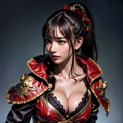  close-up of a woman wearing red armor and a red cloak, 1 person, high ponytail ,Cleavage , Thin Waist High Definition Face and Skin Textures, camera pointing at your butt, perfect beauty: 1.4, fine grain, double eyelids, Whitening,  best quality ,  super ...