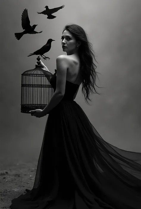 Long hair beautiful woman in a black dress holding a birdcage and birds are flying out of birdcage in black and white 