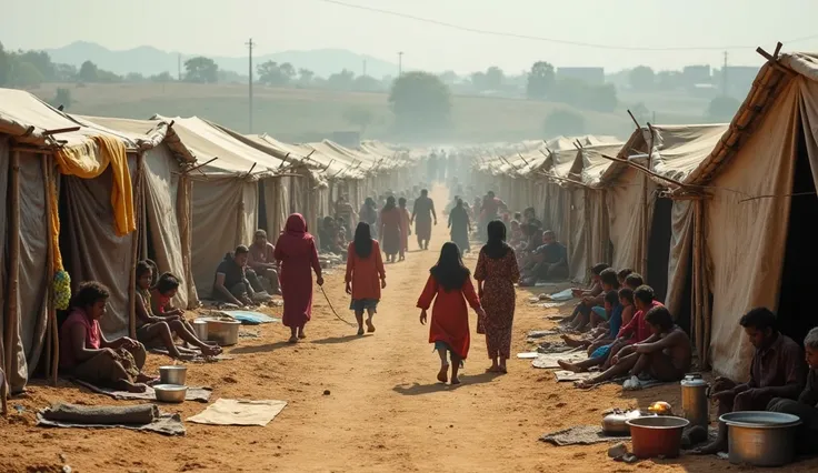 "A vivid and emotional scene of an overcrowded refugee camp in India, filled with families seeking shelter amidst hardship. Rows of makeshift tents made from tarpaulins, old cloth, and bamboo poles stretch across the dusty ground. Inside and outside these ...