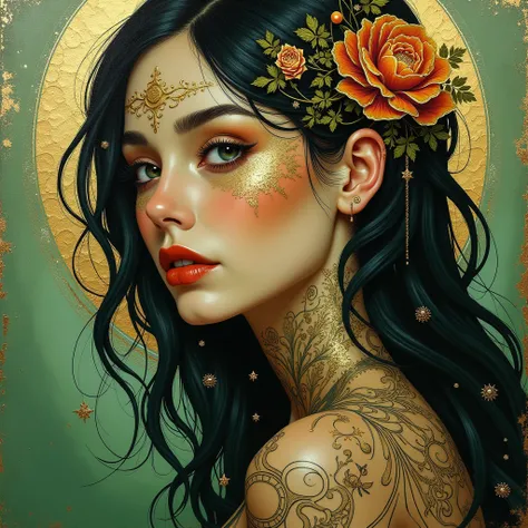 A woman in scratches, glossy. A craquelure, lacquer, and luminous painting is inspired by the magic and otherworldly ink tatuage, embossed in gold, and charm and ornate makeup of Gustav Klimt, Jean-Baptiste Monge, Alfonso Mucha, and Catrin Welz-Stein, inte...