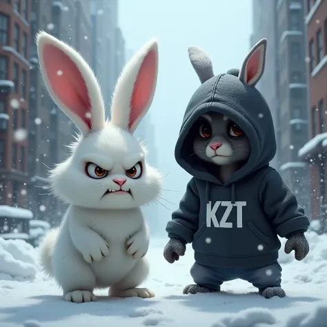 A rabbit resembling Snowball from The Secret Life of Pets with a scary expression on his face and a rabbit wearing a hoodie with KZT written on it in a snowy city.