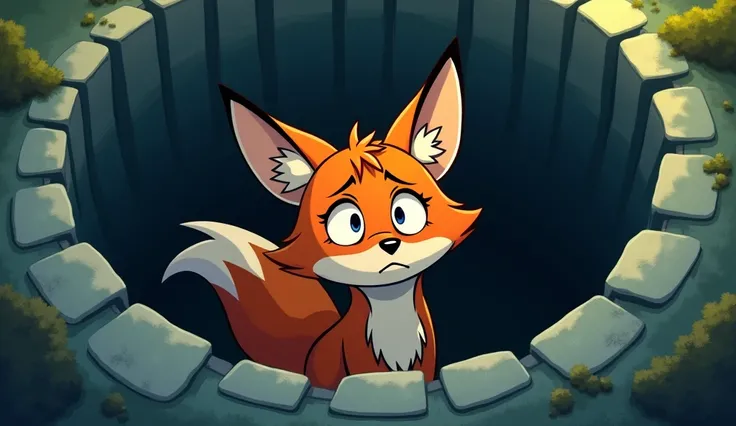 A worried ,sad cartoon fox is sitting inside  the big deep well( deep from ground level) as its look slippery 