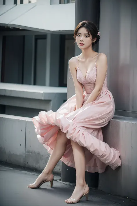 (masterpiece), (Highest quality), photograph, One girl,pink Dress, marilyntug, Pulling on the dress