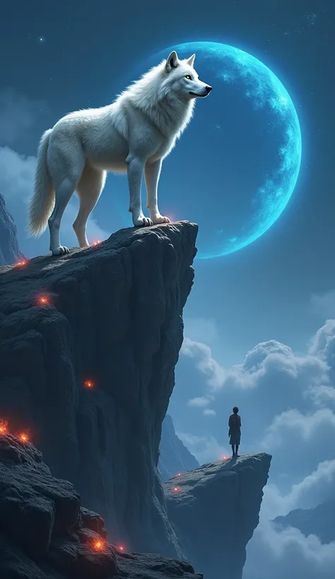 A giant white wolf stands atop a rocky cliff, overlooking a vast landscape. The wolfs fur is thick and pristine, and its eyes are a striking yellow. Small, glowing red plants or embers dot the cliff face. A lone human figure stands on a smaller rock format...