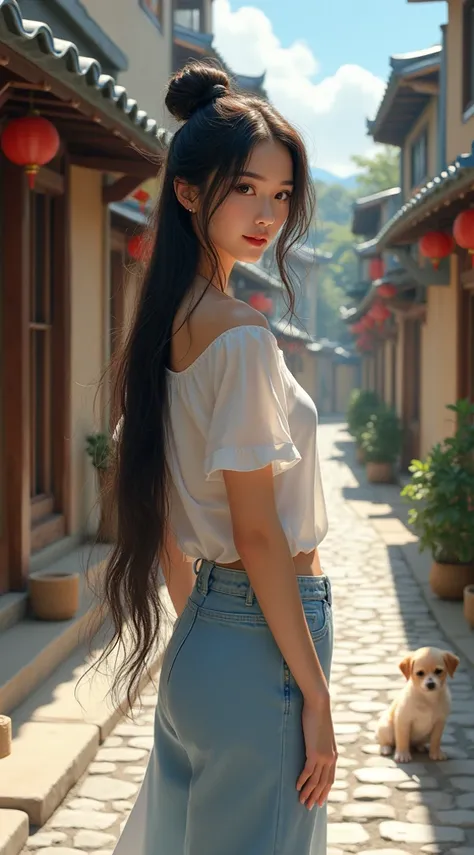  Oriental beauty ， ebony long hair ， eyes looking away ， white casual dress ，jeans， traditional old street ， There is a cute puppy on the side of the street，Sunny Weather ，A little cloud 