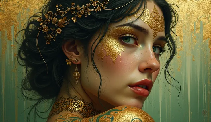 A woman in scratches, glossy. A craquelure, lacquer, and luminous painting is inspired by the magic and otherworldly ink tatuage, embossed in gold, and charm and ornate makeup of Gustav Klimt, Jean-Baptiste Monge, Alfonso Mucha, and Catrin Welz-Stein, inte...