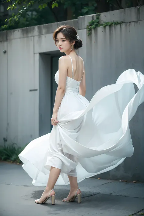 (masterpiece), (Highest quality), photograph, One girl, White Dress, marilyntug, Pulling on the dress,side view