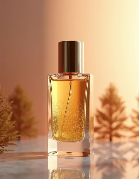 a beautiful glass bottle of high-end luxury skincare product, clean serum and have golden glitter inside, minimalist and elegant design, studio lighting , contrast colors background , small Europe trees in the background, high-quality, photorealistic, prof...