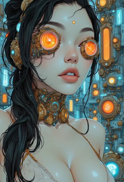 (( best quality)), ((  Masterpiece )), (  Details),  cyberpunk , steampunk , Japanese woman with a viewing angle of, Sci-fi , Graphic Novel , Retrofuture,SF, super sexy , Psychedelic ,Avant-garde
