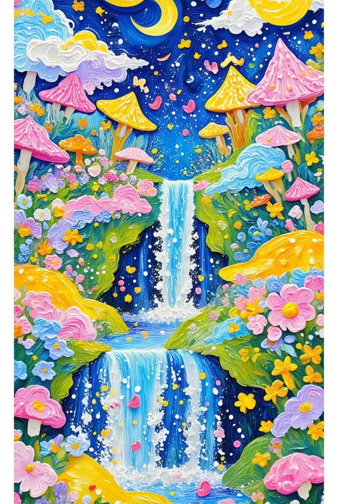 draw a colorful forest with streams and flowers,  fantastic forest , psychedelic forest ,  magical forest , candy forest, bright...