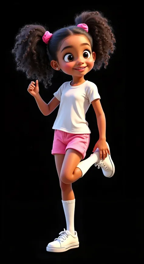 Inspired by the characters, posters and 3D movies from Disney Pixar create the image of a , age>6, 6 anos de idade, girl wearing a white t-shirt, very short pink shorts, white socks up to her knees, white sneakers. She has curly black hair tied in two pony...