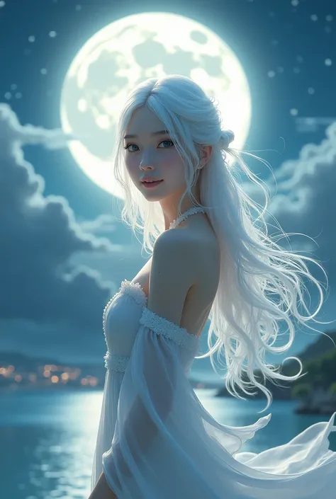 background: A panoramic spot with a Japanese fantasy moonlight
personage:  Beautiful woman with long white hair shining under the moonlight, looking at the camera and smiling