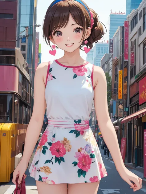 masterpiece、 high definition 、1 Girl、One person、whole body、woman、 bright smile、blush、Mid-chest、 skinny、 real、20th Generation、Retro clothing、sleeveless floral tight mini dress、 Heart Earrings 、 headband、1960s cityscape