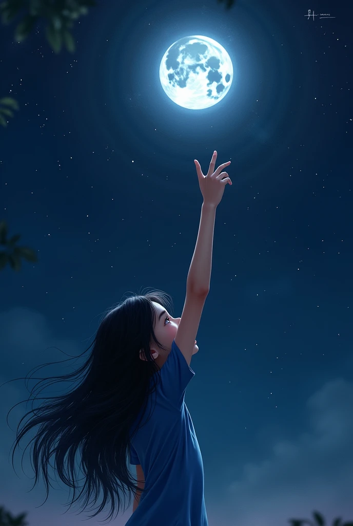 1 girl long hair, black hair, wearing blue t-shirt, looking at the moon and star and her hand was pointing at the moon ,she is momerize