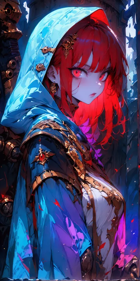 (masterpiece), ((incredibly detailed)), (award winning artwork), detailed beautiful eyes, (warhammer 40k world setting), 1girl, psyker girl, shoulder-lenght red hair, pale skin, psyker robe with hood that hides face, simple background, cowboy shot, (full-l...